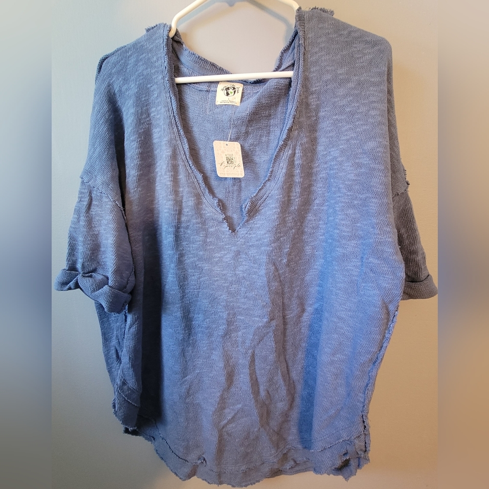 NWT We the Free Blue Distressed Short-Sleeved Sweater